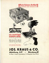Werbeanzeige Schiess-Spiel &quot;Salto-Picky&quot;, &quot;Deutsche Spielwaren-Zeitung&quot; Jahrgang 1932